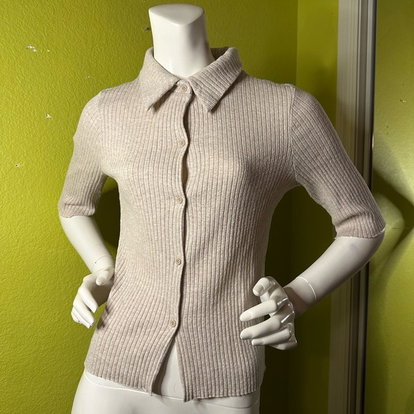 Zara Cream Ribbed Button-up Collared Top - Picture 2 of 5